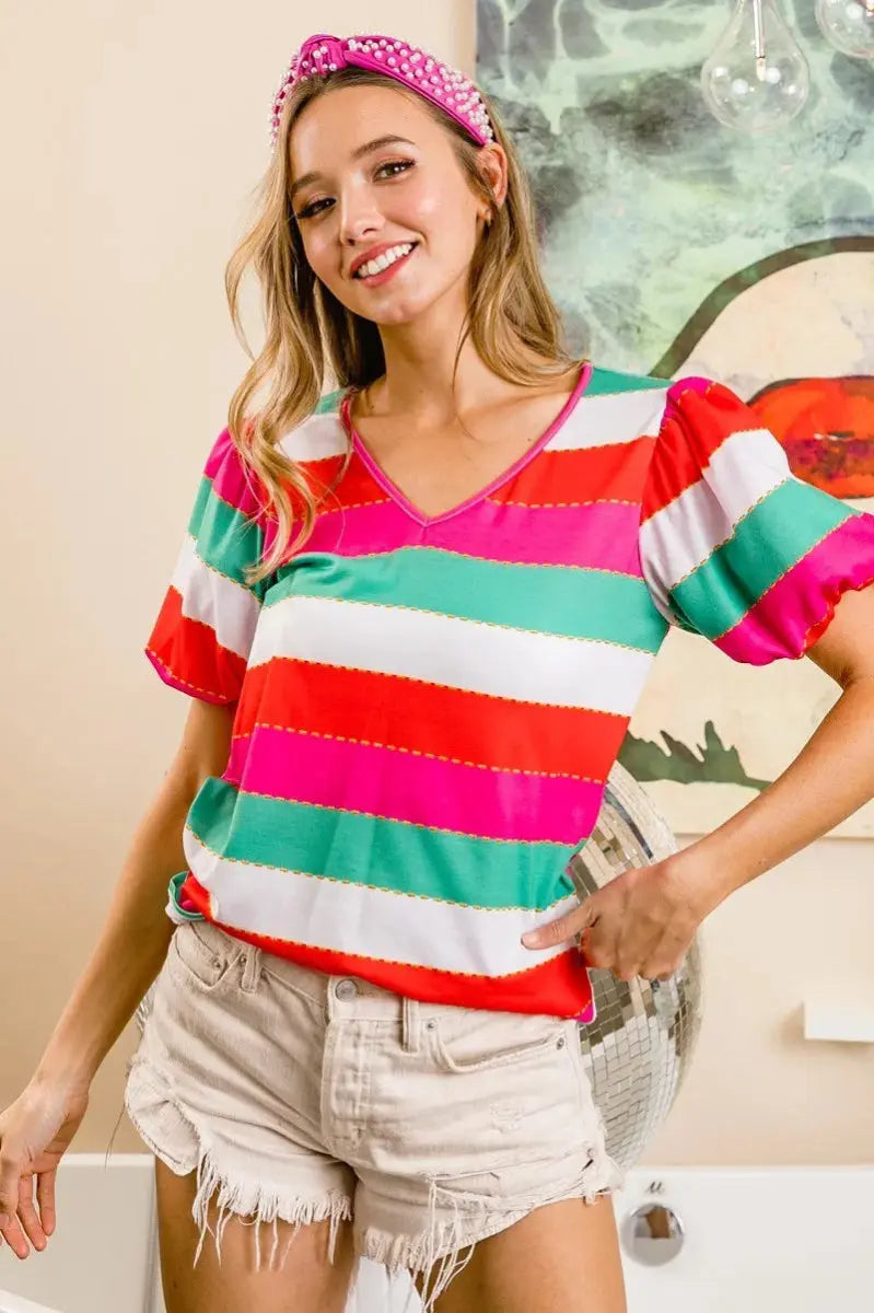 BiBi Multi Stripe Color Print Puff Sleeves V Neck Top - Love Salve